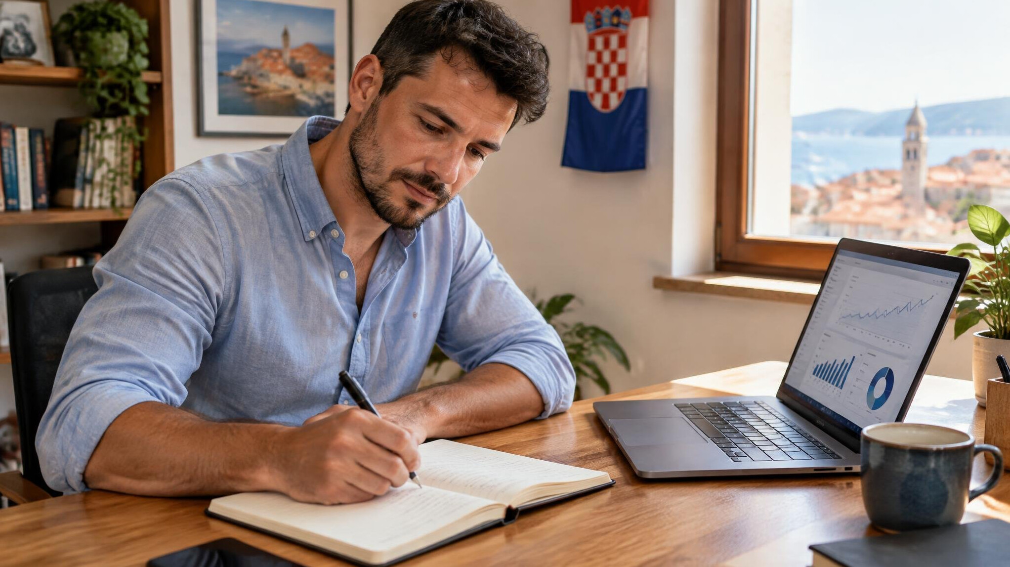 Person writing notes next to a laptop with charts